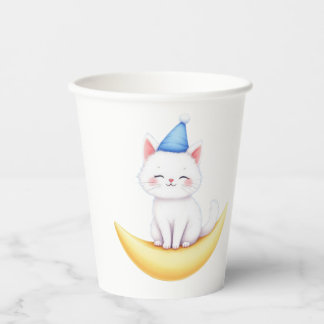 Cute White Kitten on Moon Paper cup