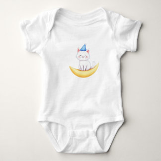 Cute White Kitten on Moon T-Shirt Baby Bodysuit