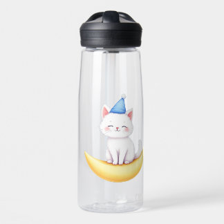 Cute White Kitten on Moon Water Bottle