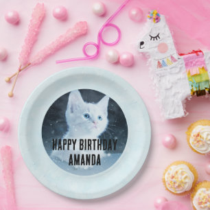 Cute White Kitten Photo on Birthday Paper Plate