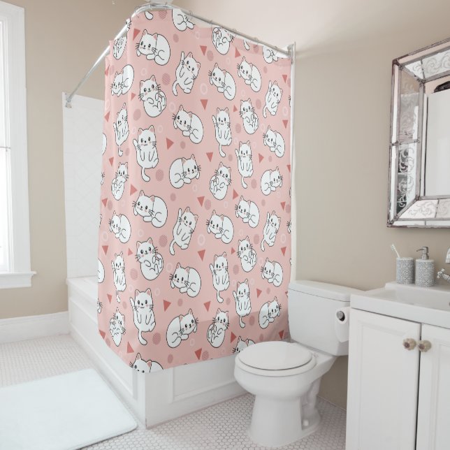 Cute White Kitten Pink Background Shower Curtain (In Situ)