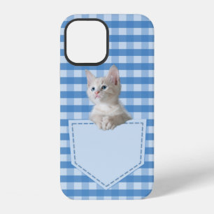 Cute White Kitten Pocket Gingham Blue Pattern iPhone 12 Case