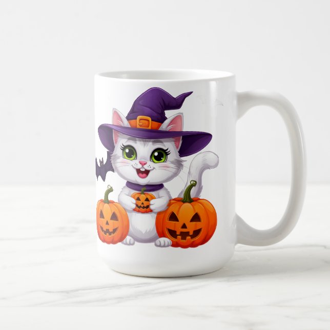 Cute White Kitten Pumpkin Halloween Witch Hat 🎃 Coffee Mug (Right)