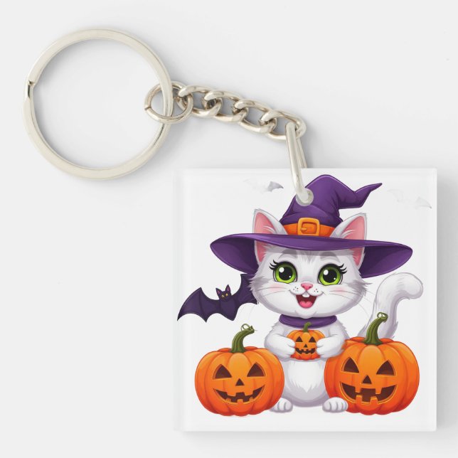 Cute White Kitten Pumpkin Halloween Witch Hat 🎃 Key Ring (Front)