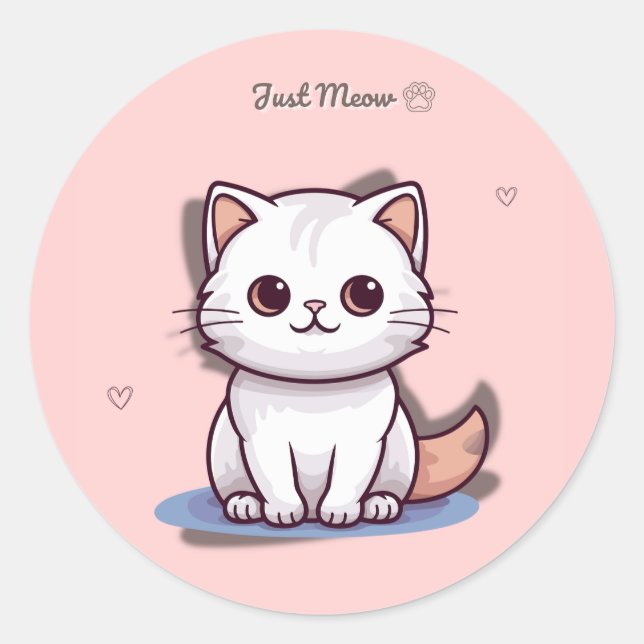 Cute White Kitten Sticker “Just Meow” (Front)