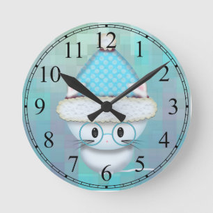 Cute White Kitten Teal Wall Clock