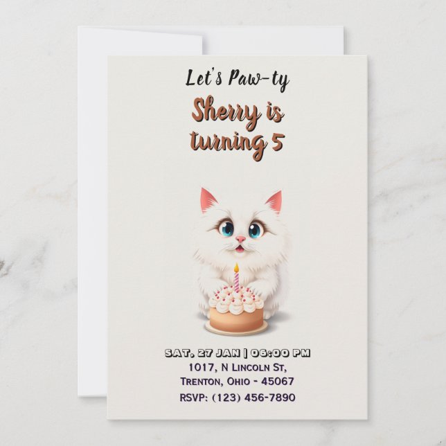 Cute White Kitten with Birthday Cake Personalised Invitation (Front)
