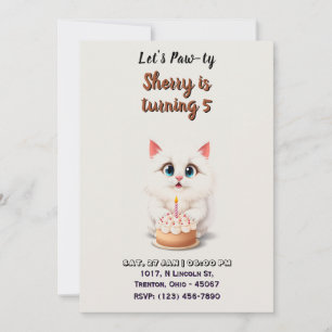 Cute White Kitten with Birthday Cake Personalised Invitation