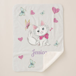 Cute White Kitten with Butterfly on pastel Sherpa Blanket