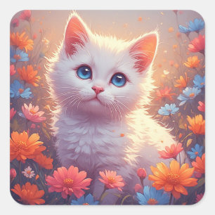 Cute White Kitten With Flowers 💖 Square Sticker