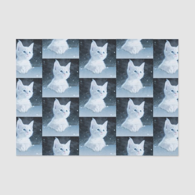 Cute White Kitten with Pretty Blue Eyes Patterned Tissue Paper (Front)