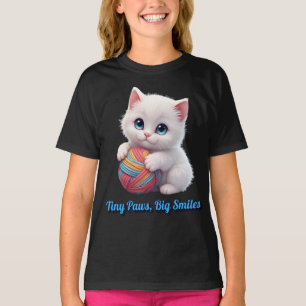 Cute White Kitten Yarn Ball Tiny Paws Big Smiles T-Shirt
