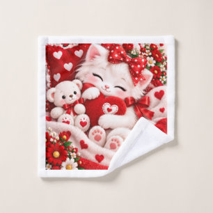 Cute White Kitty and Teddy Bear Red Heart Baby Bat Bath Towel Set