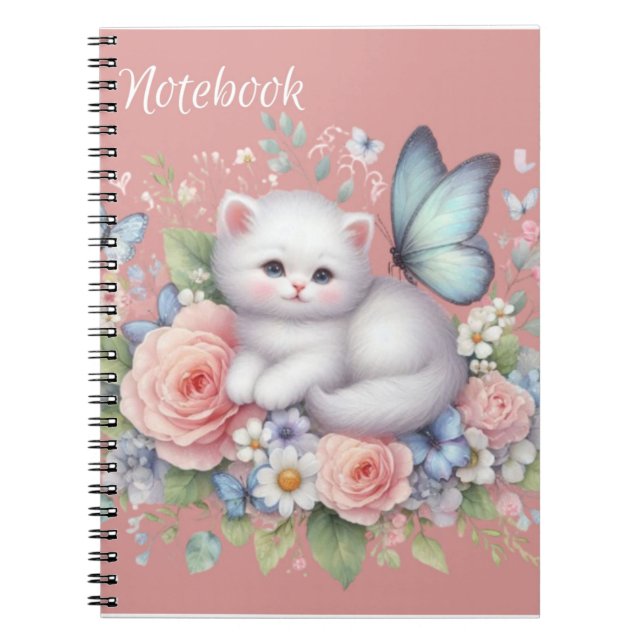 Cute White Kitty, Butterflies And Flowers Notebook (Front)