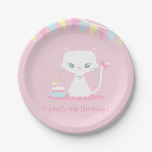 Cute White Kitty Cat Birthday Party Supplies Paper Plate (Front)