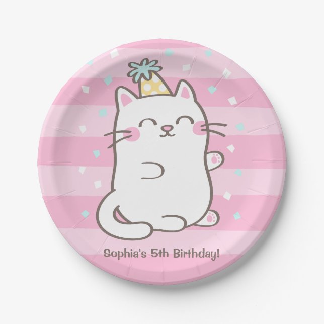 Cute White Kitty Cat Girls Birthday Party Supplies Paper Plate (Front)
