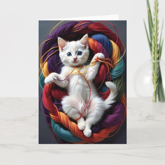 Cute White Kitty Cat Playing Rolls of Yarn Blank Card (Front)