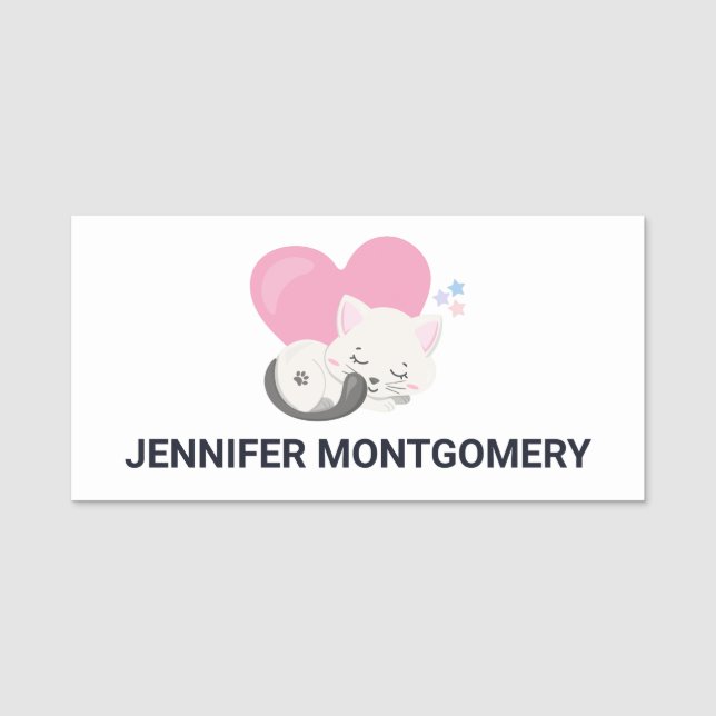 Cute White Kitty Cat Sleeping Name Tag (Front)