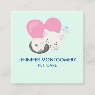 Cute White Kitty Cat Sleeping Square Business Card