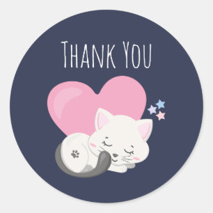 Cute White Kitty Cat Sleeping Thank You Classic Round Sticker