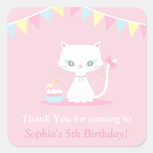 Cute White Kitty Cat Thank You Party Stickers (Front)