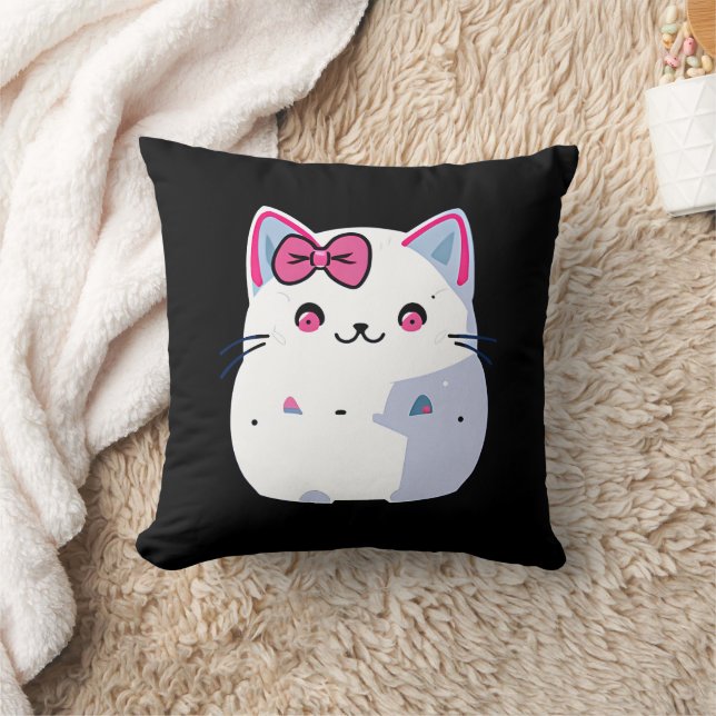 Cute White Kitty Cat with Pink Bowtie Cushion (Blanket)