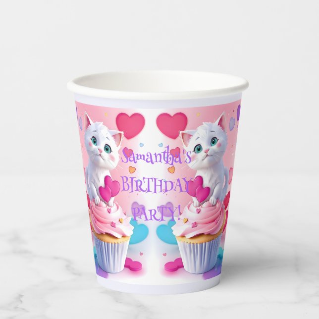 Cute White Kitty & Cupcake Girly Birthday Party Paper Cups (Front)