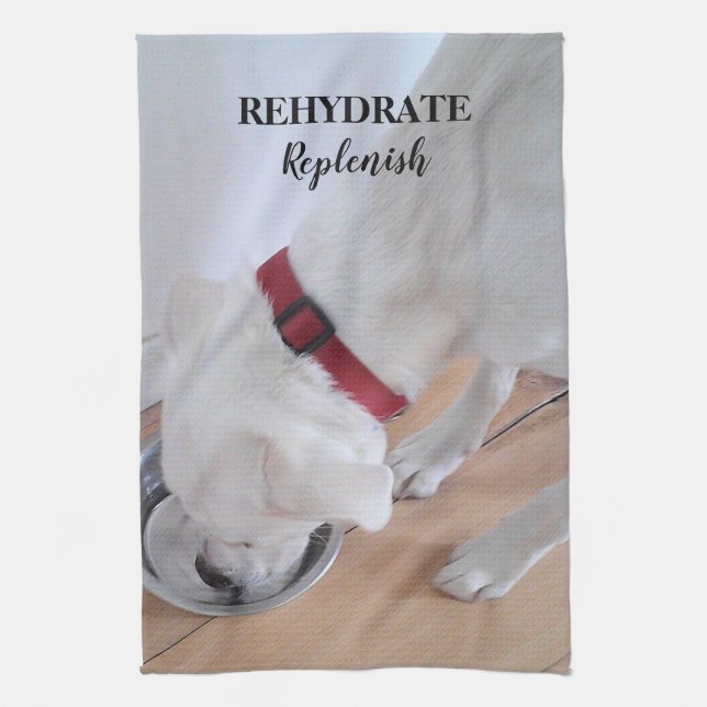 Cute White Labrador Mix Puppy Dog Drinking Water Tea Towel (Vertical)