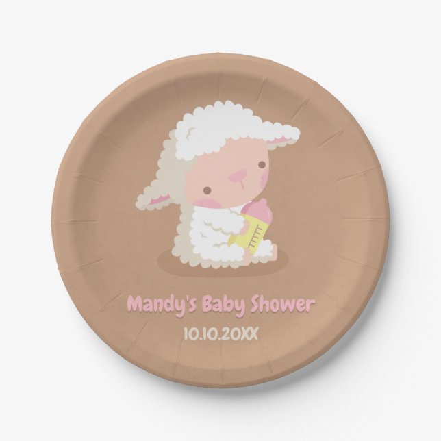 Cute White Lamb and Bottle Baby Shower Supplies Paper Plate (Front)