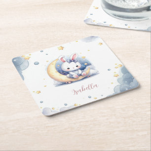 cute white little bunny sitting on the moon square paper coaster