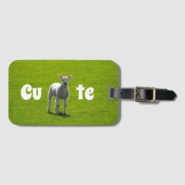 Cute White Little Lamb on Green Luggage Tag (Front Horizontal)
