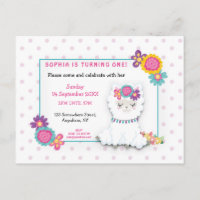 Cute White Llama Dots First Birthday Invitation