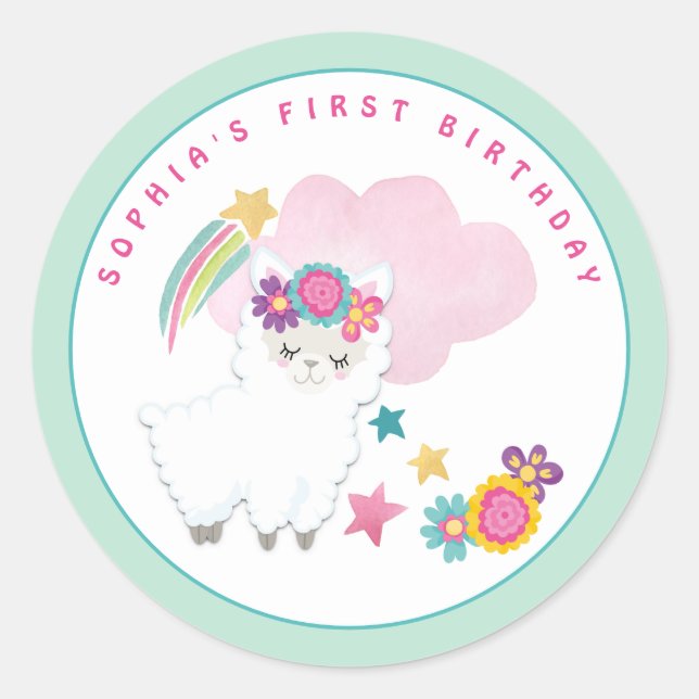 Cute White Llama Name First Birthday Party Green Classic Round Sticker (Front)