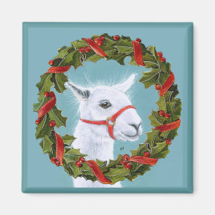 Cute White Llama with Christmas Wreath magnet