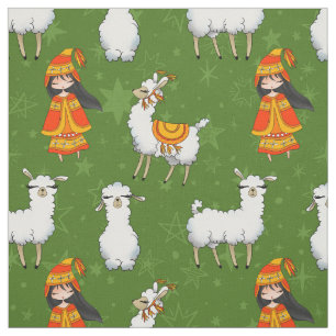 Cute White Llamas and Peruvian Girls Fabric