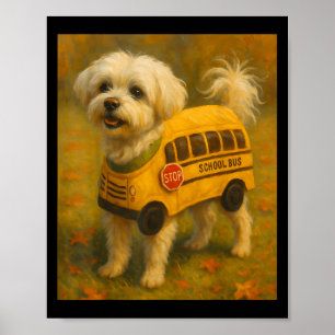 Cute White Maltese Dog School Bus Costume Vintage Poster