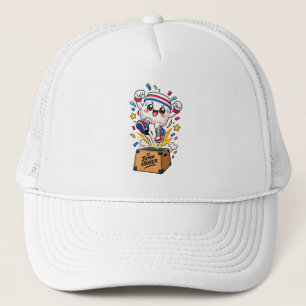 Cute White Mascot Box Jump Fitness Cartoon Trucker Hat