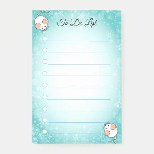 Cute white mice on turquoise & white lined post-it notes