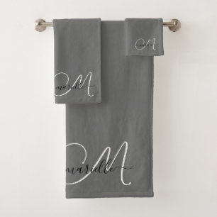 Cute White Monogram Script Name Grey Bath Towel Set