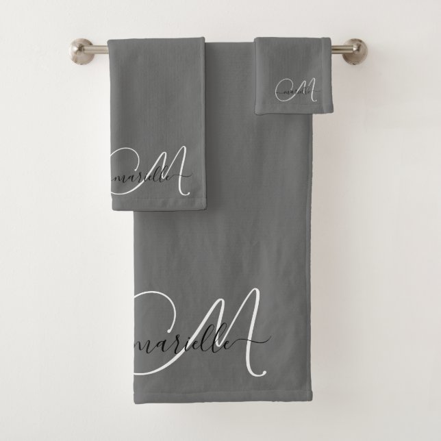 Cute White Monogram Script Name Grey Bath Towel Set (Insitu)