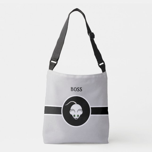 Cute white mouse and calligraphy on light grey crossbody bag (Front)