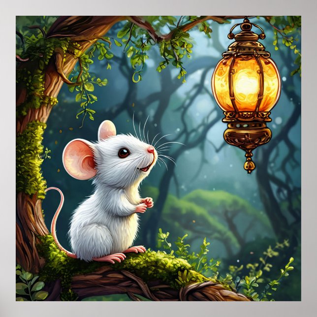 🐭🏮 Cute White Mouse Lantern Night Cosy Art ✨ Poster (Front)