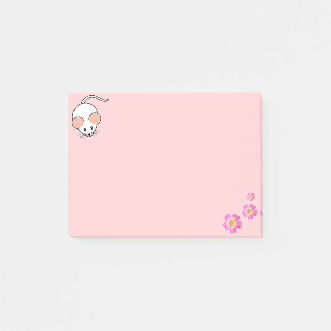 Cute white mouse & pink flowers on pink post-it notes (Front)