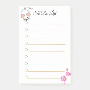 Cute white mouse & pink flowers on white lined post-it notes