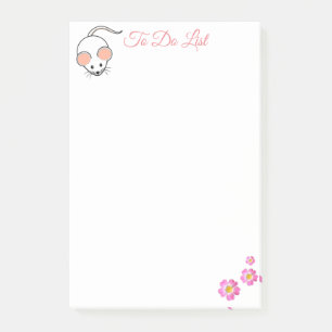 Cute white mouse & pink flowers on white post-it notes