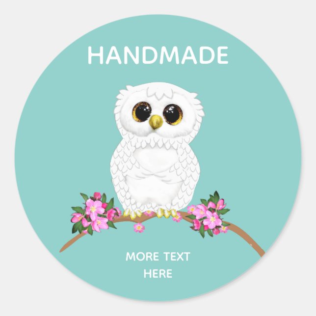 Cute White Owl on Light Teal Handmade Classic Round Sticker (Front)