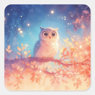 Cute White Owl Perched on Branch Autumn Leaves Square Sticker