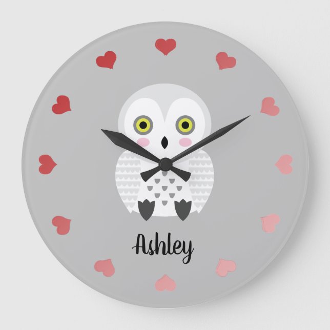 Cute White Owl Personalised Large Clock (Front)