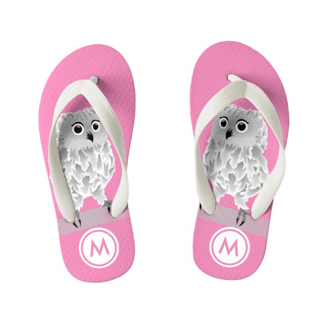 Cute White Owl Pink Girls Monogram Kid's Jandals (Footbed)