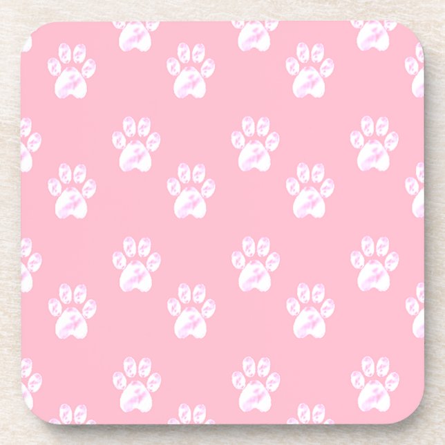 Cute white paw pattern on pink coaster (Front)